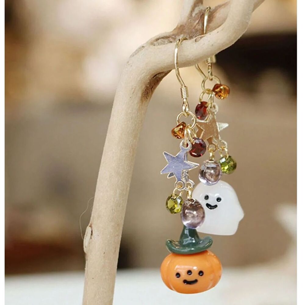 Jack-O-Lantern Halloween Beaded Dangle Earrings Ghost Drop Charm Lghtwght Charm